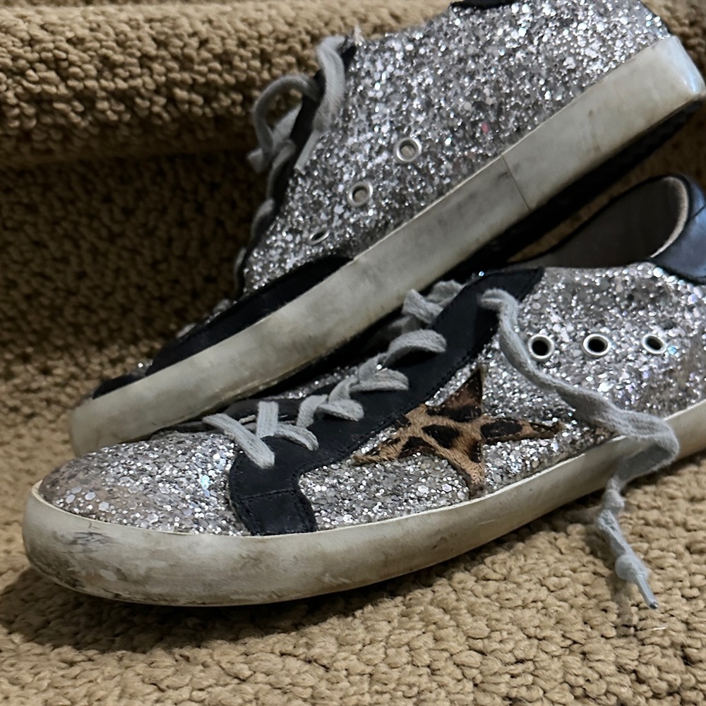 Golden Goose Silver Glitter Sneakers with Black Accents - Picture 2 of 6